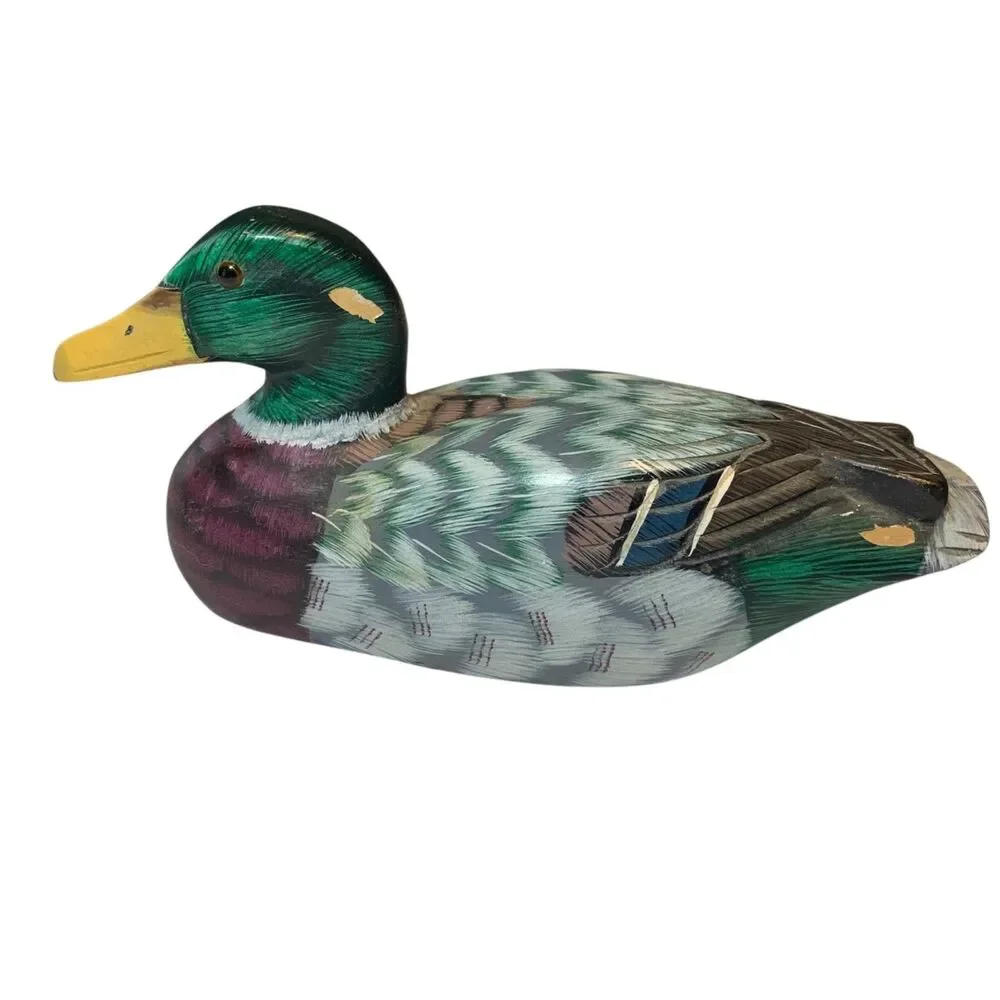 Vintage Duck Figurines Decoys Decor Set of 2 Wooden Painted Rustic Cabincore